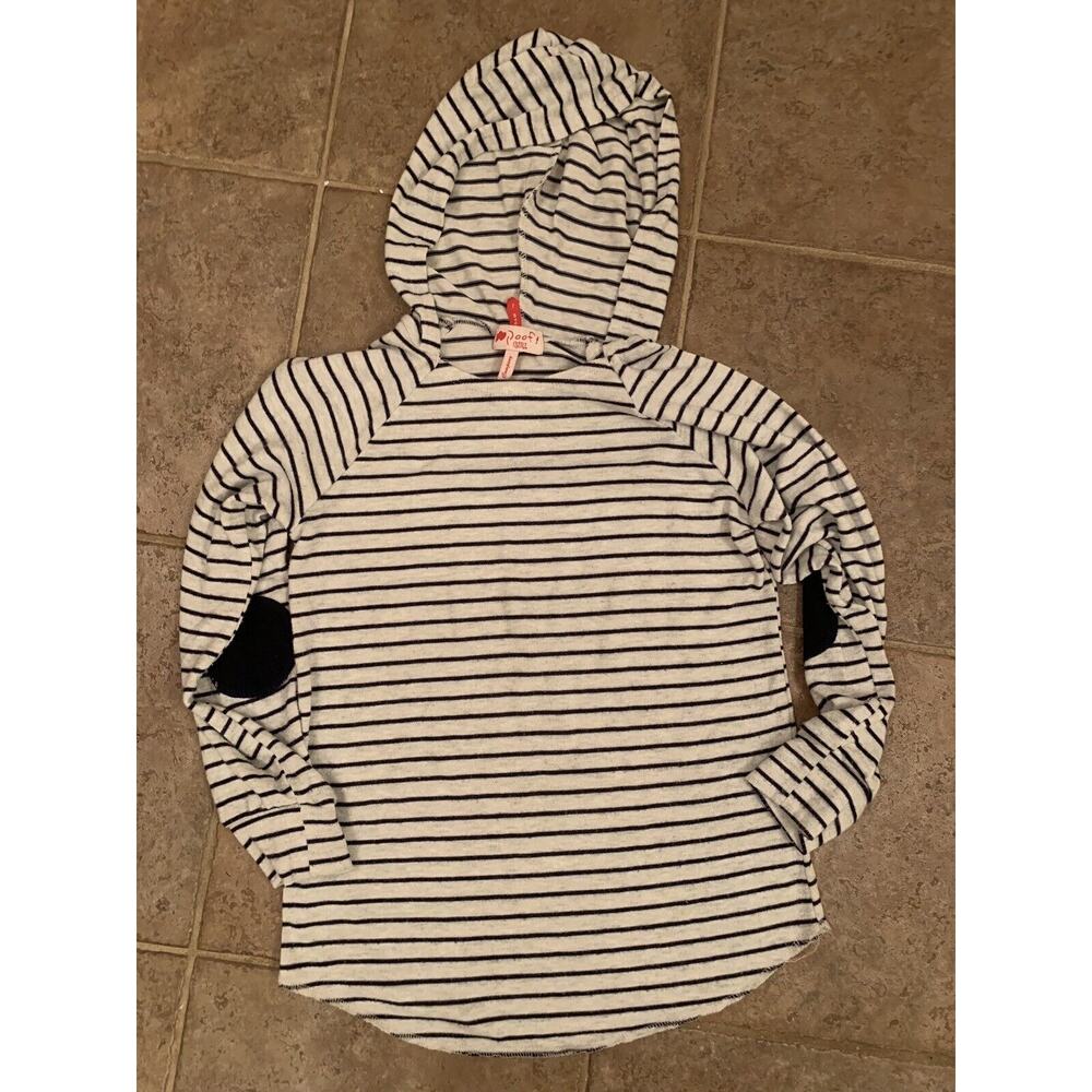Poof! Girl L Navy Blue & White/Gray Long Sleeve Hoodie Elbow Patch Knit Shirt